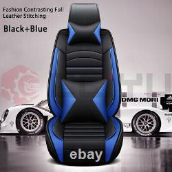 Black Blue Car Seat Covers Waterproof PU Leather Steering Wheel Cover Full Set