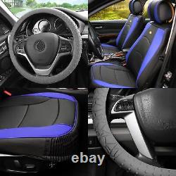 Black Blue Leatherette Seat Cushion Bucket Covers with Gray Steering Cover Sedan