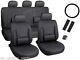 Black Leather Look Car Seat Covers Set Steering Wheel Cover Seat Belt Pads Sport