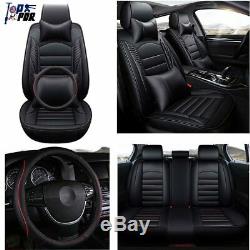 Black Luxury Car Seat Front+Rear+Steering Wheel Covers Full Set Cushion 5-Seats