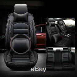 Black Luxury Car Seat Front+Rear+Steering Wheel Covers Full Set Cushion 5-Seats