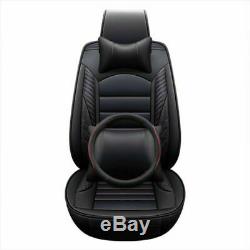 Black Luxury Car Seat Front+Rear+Steering Wheel Covers Full Set Cushion 5-Seats