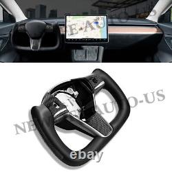 Black Nappa Yoke Steering Wheel Glossy Carbon Fiber For Tesla Model 3/Y 2017-23