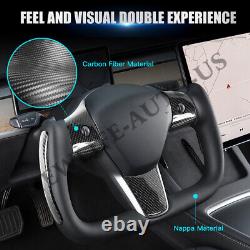Black Nappa Yoke Steering Wheel Glossy Carbon Fiber For Tesla Model 3/Y 2017-23