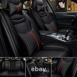 Black PU Leather&Linen Car Seat Cover Cushion Set Universal 5-Seat Front Rear
