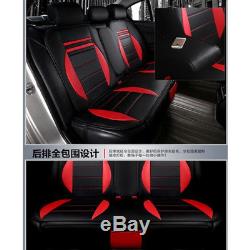 Black Red PU Leather 5-Seats Car Seat Cover Cushion Set Steering Wheel Full Set