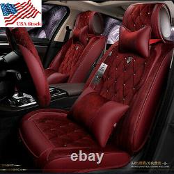 Bling Rhinestone Red Warm Plush Car Seat Pad & Steering Wheel Cover Universal US