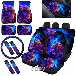Blue Galaxy Car Seat Covers with Floor Mats, Steering Wheel Cover Seat Belt Pads