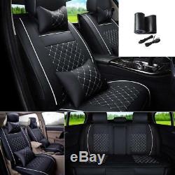 Car FULL 5 Seat Cover PU Leather + Steering Wheel Cover Cushion With Pillows BW