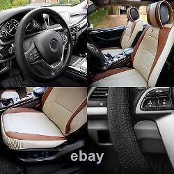 Car Seat Cover Leatherette Buckets Beige Tan with Black Steering Cover For Car