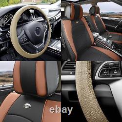 Car Seat Cover Leatherette Front Buckets Black Brown with Beige Steering Cover