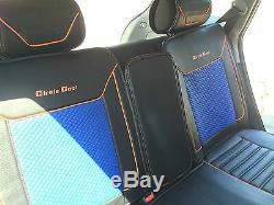 Car Seat Cover Set Shift Knob Belt Steering Wheel Black+Blue PVC Leather 33051a