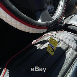 Car Seat Cover Set Shift Knob Belt Steering Wheel Black+White PVC Leather 33071a