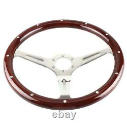 Car Steering Wheel Nostalgia Style Wood Grain Slotted Grip Brown/Silver 380mm