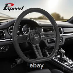 D-Shape 14 6-bolt 350mm Black Microfiber Leather Wrapped Billet Steering Wheel