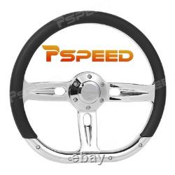 D-Shape 14 Chrome Spoke Steering Wheel 6-Bolt Black Leather Wrap For Car Truck