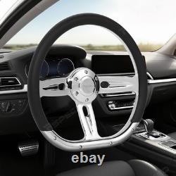 D-Shape 14 Chrome Spoke Steering Wheel 6-Bolt Black Leather Wrap For Car Truck