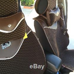 Dark Brown Car Seat Cover Steering Wheel Shift Knob Headrest Pillow Set 3D Style