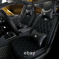 Deluxe Bling Rhinestone Car Seat & Steering Wheel Cover Black PU Leather Pad USA