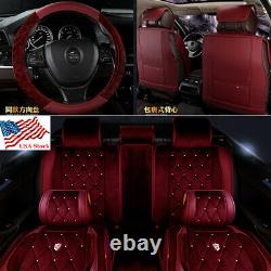 Deluxe Full Set Bling Wine Red Warm Pad Car Seat & Steering Wheel Cover US Ship