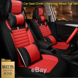 Deluxe Microfiber Leather Car 5 Seat Cover Front+Rear+Steering Wheel All Season