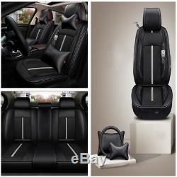 Durable Black 5-seat Car Seat Cover Cushion Pad+Steering Wheel Cover+Pillows Set