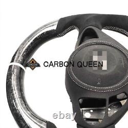 FORGED CARBON FIBER Steering Wheel FOR NISSAN 370Z Z34 BLACK LEATHER /WHITE LINE