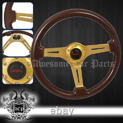 For Pontiac 345mm Wood Grain 2 Deep Dish Extend Steering Wheel Steel Frame Gold