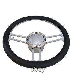 GM 14 Billet Chrome Steering Wheel 9 Holes withHorn Button Black Leather Vintage