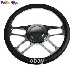 GM Chevy Chrome 14'' Steering Wheel with Horn Button Black Leather-9 Holes