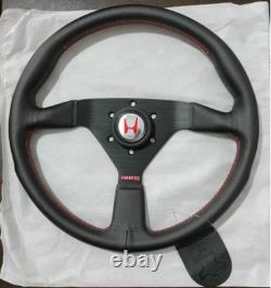 Honda H Red logo horn Leather Drift Sport Steering Wheel For 14inch Black line