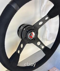 Honda Steering Wheel & Quick Release Combo 350mm 14in Suede Grip Black Spoke