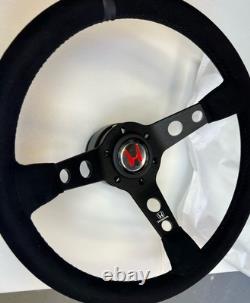 Honda Steering Wheel & Quick Release Combo 350mm 14in Suede Grip Black Spoke