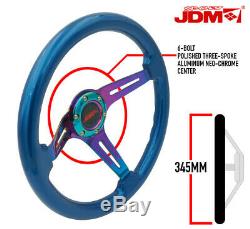 Jdm Sport Button + Metallic Blue Wood Neo Chrome Center Deep Dish Steering Wheel