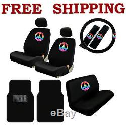 New 13pcs Rainbow Peace Sign Car Seat Covers Steering Wheel Cover & Floor Mats