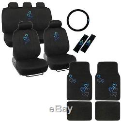 New Blue Heart Car Front Back Full Seat Covers Floor Mats & Steering Wheel Cover