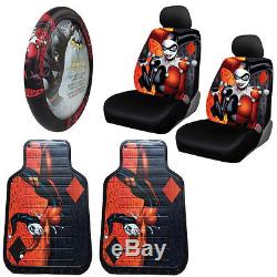 New DC Harley Quinn Car Truck Front Seat Covers Floor Mats Steering Wheel Cover