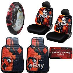 New Harley Quinn Car Truck Front Seat Covers Floor Mats Steering Wheel Cover Set