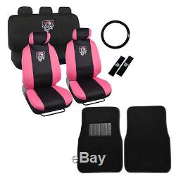 New Pink Bow Lady Skull Car Seat Covers Steering Wheel Cover & Floor Mats Set