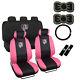 New Set Pink Lady Skull Bow Car Seat Covers Steering Wheel Cover & Emblem