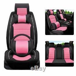 PU Leather Car Seat Covers Pink Steering Wheel Cover+Pillows Full Set Universal