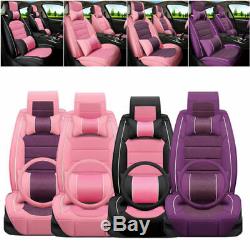 PU Leather Car Seat Covers Pink Steering Wheel Cover+Pillows Full Set Universal