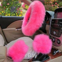Pink Wool Front Seat Covers+Long Plush Fur Steering Wheel Cover Winter Essential