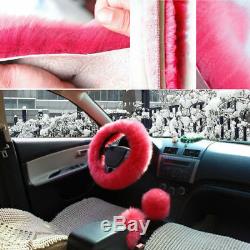 Pink Wool Front Seat Covers+Long Plush Fur Steering Wheel Cover Winter Essential