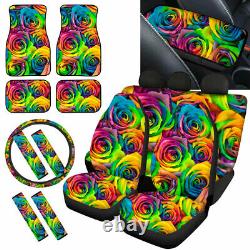 Rainbow Rose Car Seat Covers Full Set for Women Floor Mats, Steering Wheel Cover