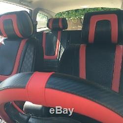 Red & Carbon Fiber Seat Cover Shift Knob Steering Wheel PVC Leather Sedan 34001d