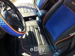 Seat Cover Shift Knob Belt Steering Wheel Black Blue PVC Leather Luxury 33051 b