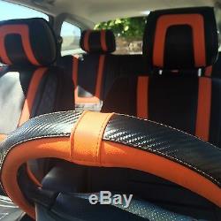 Seat Cover Shift Knob Steering Wheel Black Orange Carbon PVC Leather 34031a