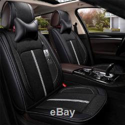 Set Black Fiber Seat Cover with Pillows + Steering Wheel Cover for 5-seats Car