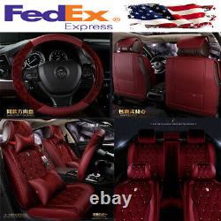 Short Plush Car Seat Covers Rhinestone Style with Steering Wheel Cover Universal